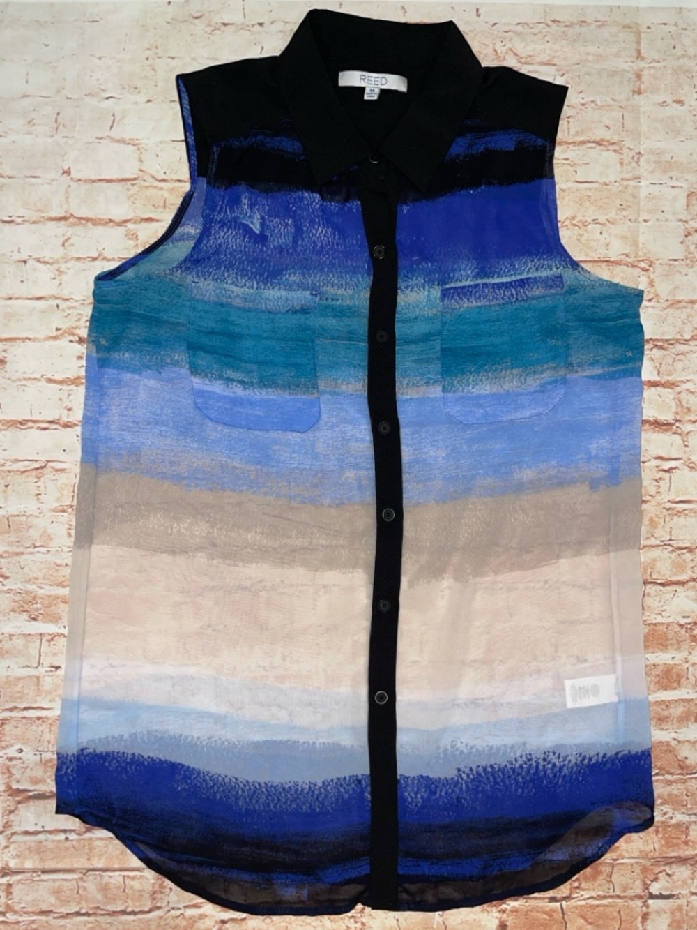 REED Sleeveless Sheer Ombre Stripe Button-Up Blouse in Blue and Tan